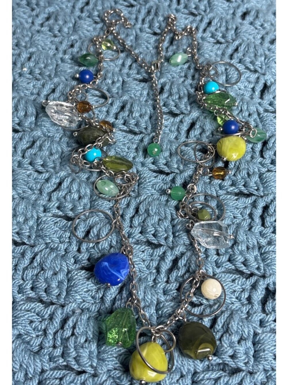 Silvertone Chain Circles Multicolor Plastic Bead Fringe Necklace Colorful Retro